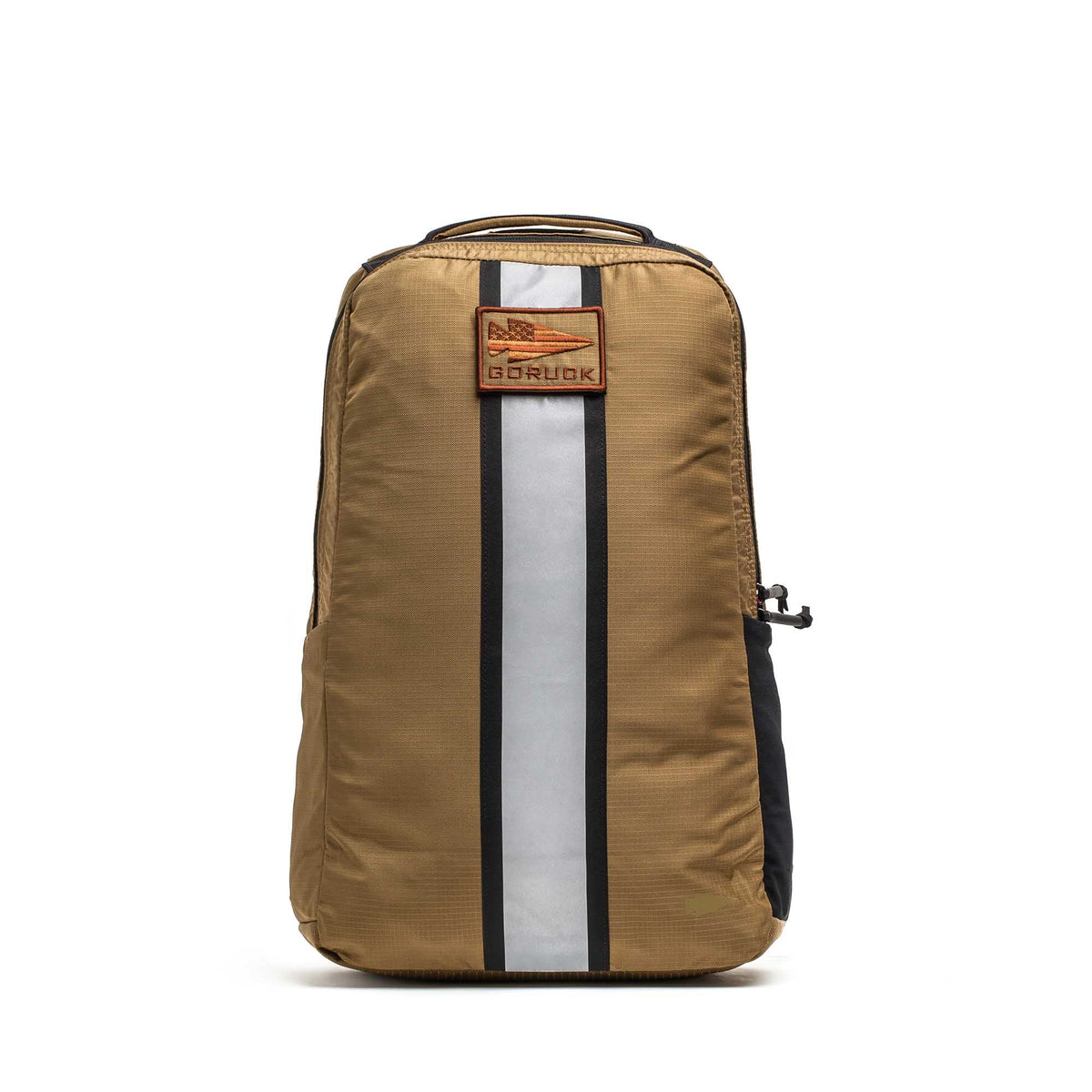 Tan Basic Rucker® backpack with a vertical reflective stripe and a front