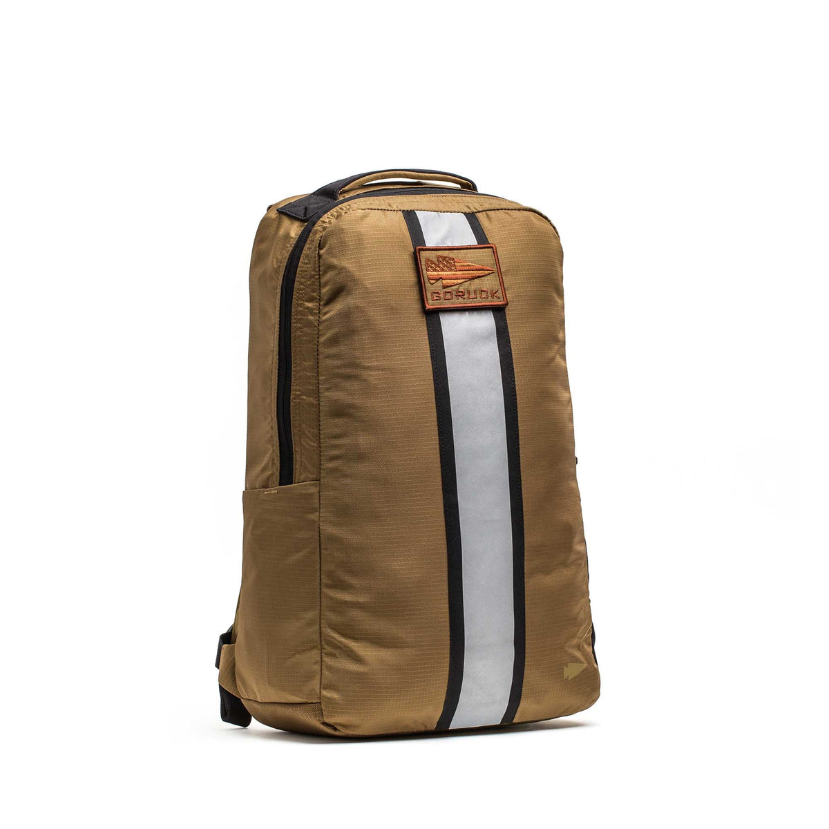 The Basic Rucker® is a tan backpack with a vertical reflective stripe and brown front patch, shown upright on a white background—ideal as your go-to rucking backpack.