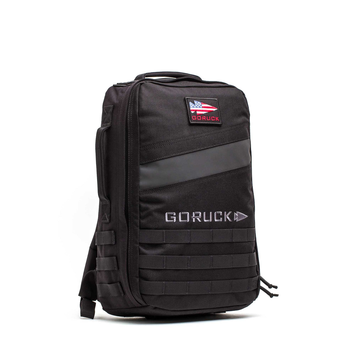 The Rucker 5.0, a black GORUCK rucksack featuring an American flag patch, MOLLE webbing, and space for ruck plates, stands upright on a white background—ideal for your next rucking challenge.