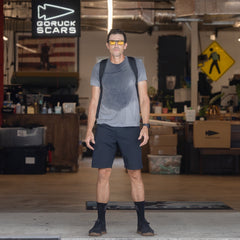 A man in a gray shirt, black shorts, and yellow sunglasses stands in an industrial warehouse setting with the Basic Rucker backpack by GORUCK.