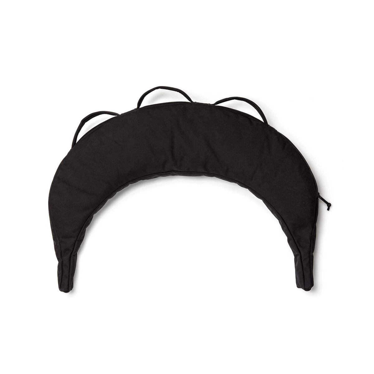 A black Bulgarian Sandbag with a crescent shape and three fabric loops on top, shown from above against a white background.