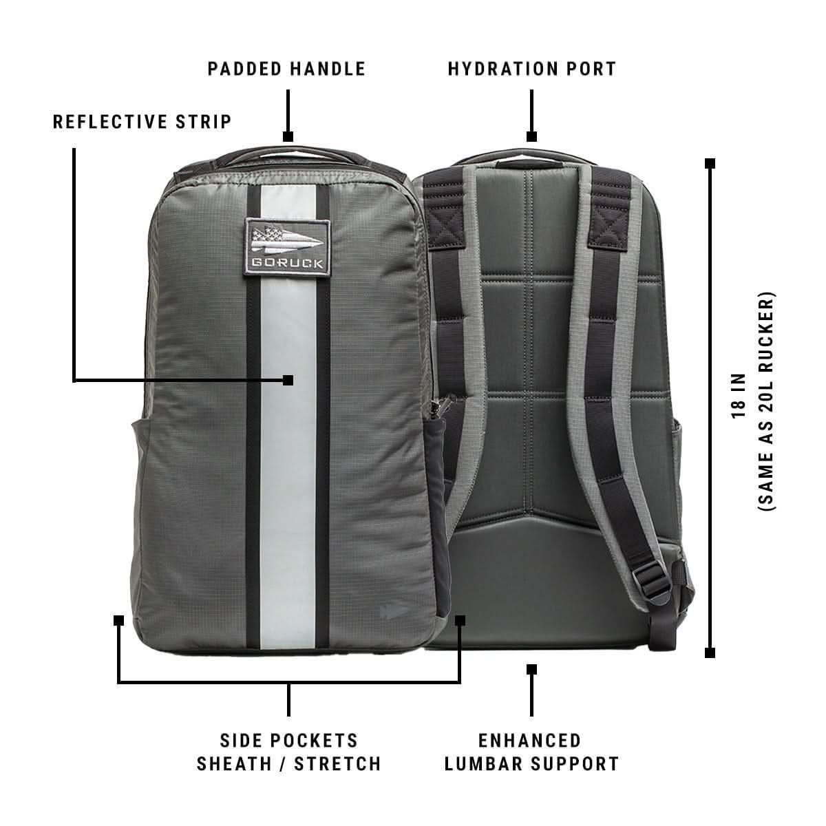 GORUCK Basic Rucker backpack in grey with padded handle, reflective strip, hydration port, side pockets, and lumbar support, front and back views shown.