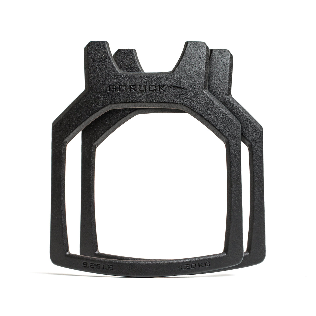 Two Curved Ruck Plates, labeled GORUCK with weight markings, stacked together—ideal as weight vest plates for your rucking weight vest.