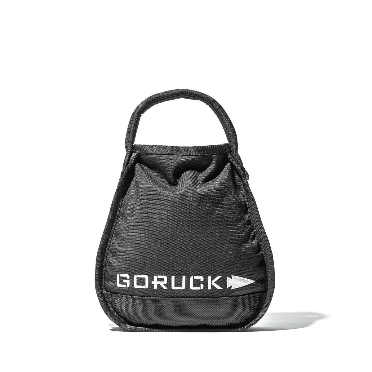 A black Sand Kettlebells bag by GORUCK with a handle and white logo, standing upright on a white background.
