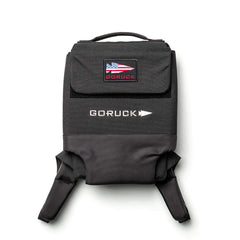 GORUCK black ruck backpack with American flag patch, durable design for rucking gear