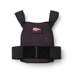 Black GORUCK weight vest for rucking with a red, white, and blue spearhead logo patch on the chest.