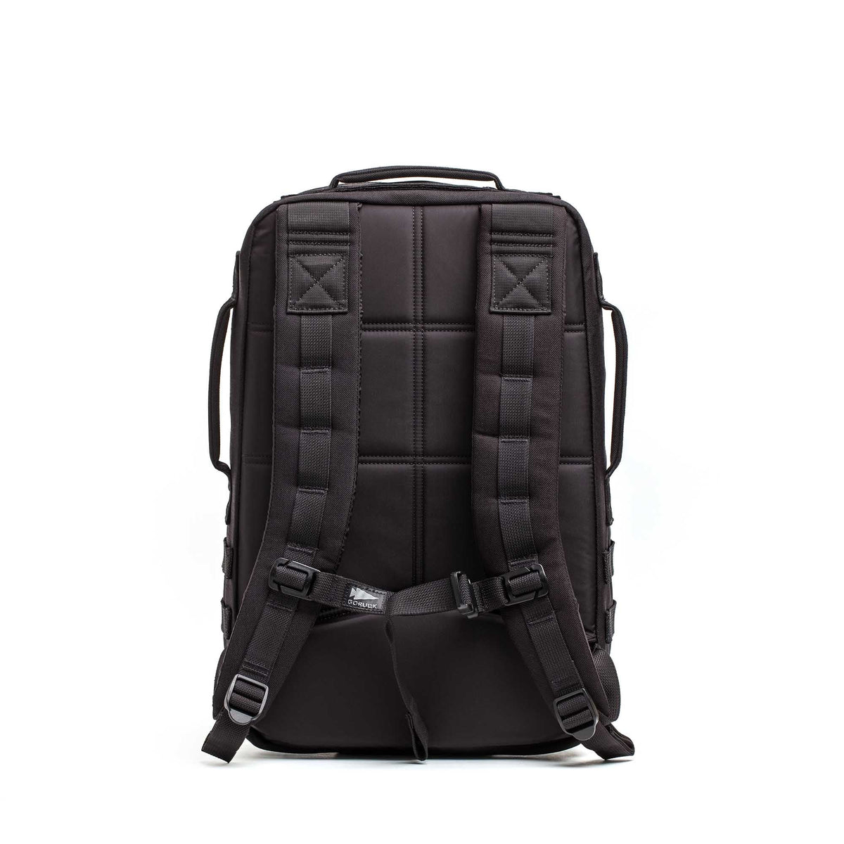 The Rucker 5.0, shown from the back, features padded shoulder straps and a padded back panel—a durable black rucksack ideal for rucking enthusiasts.